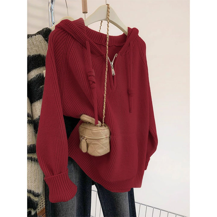 Ladies oversized knitted sweater with hood and practical zip pockets Lune London
