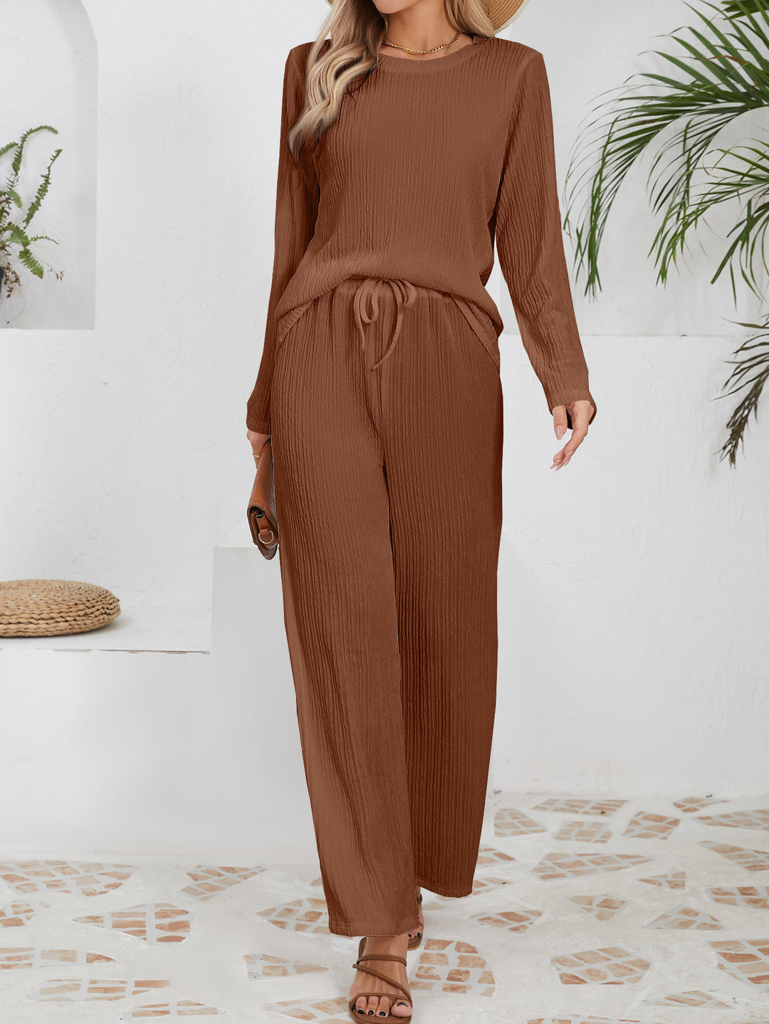 Ensemble décontracté confortable pour femmes avec texture côtelée et taille élastique Chic & Stil
