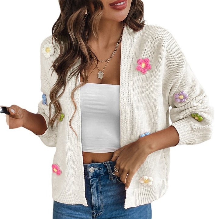Ladies casual knitted cardigan with colorful flower appliqués Lune London