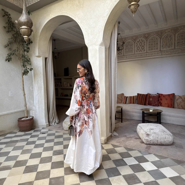 Maxi dress for women with floral patterns and refined gathering elements Lune London