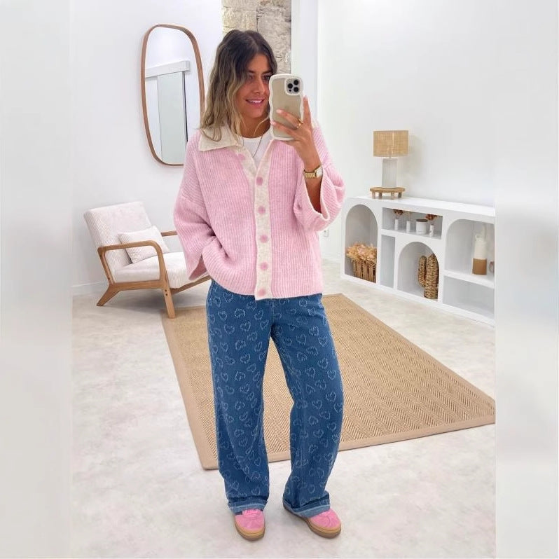 Ladies High-Waist Jeans with unique heart pattern and comfortable fit