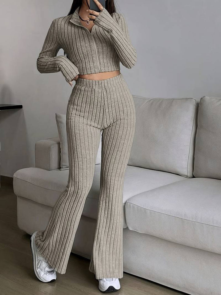 Modern knit set for ladies with cropped top and wide pants Lune London