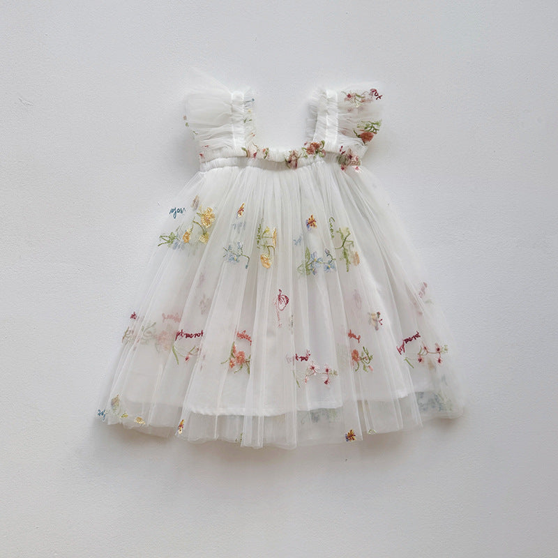 Girls Embroidered Tulle Party Dress with Ruffle Straps Lune London
