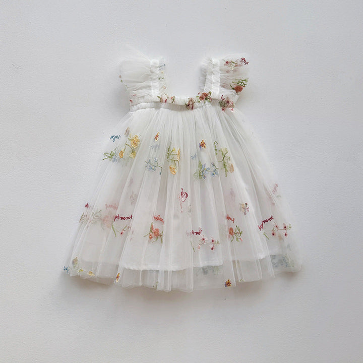 Girls Embroidered Tulle Party Dress with Ruffle Straps Lune London