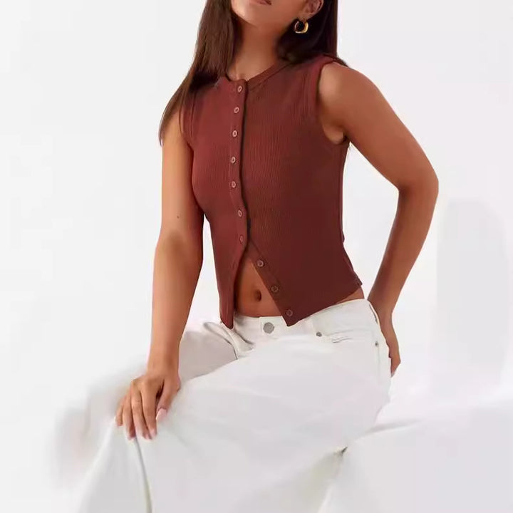 Women Casual Cozy Top with Button Closure and Round Neck Lune London