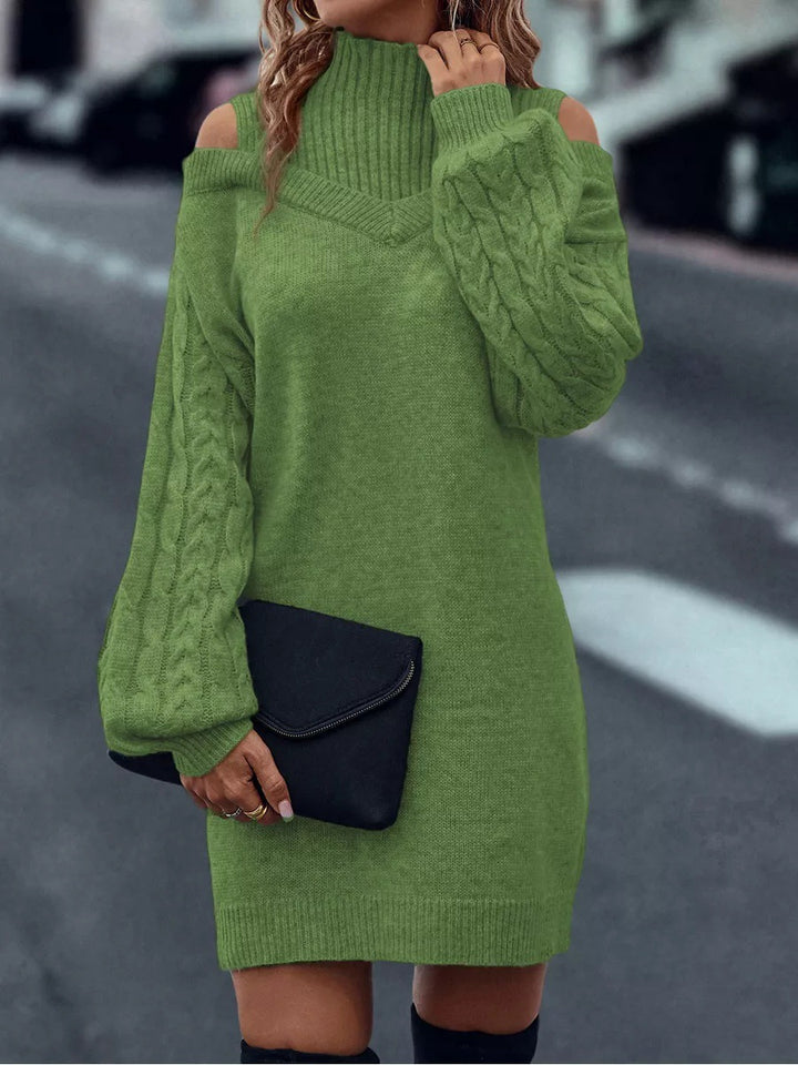 Knit dress for women with off-the-shoulder design and structured high collar Lune London