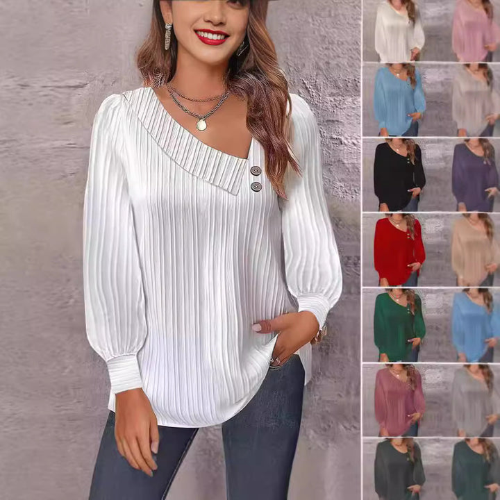 Women's Pleated Blouse with Asymmetrical Neckline and Button Details Lune London
