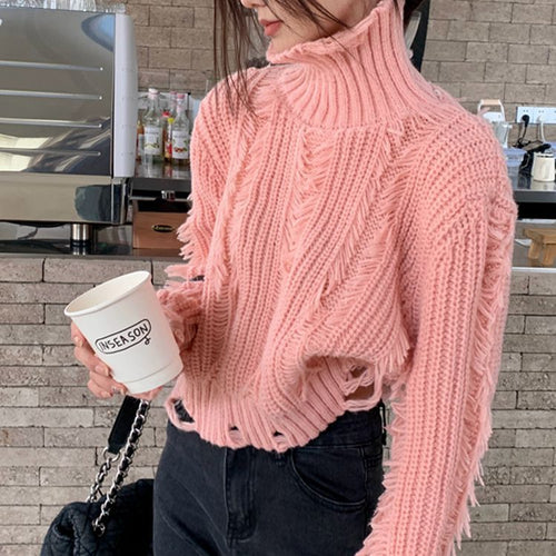Pull en tricot épais pour femme avec col montant et éléments de design à franges Chic & Stil