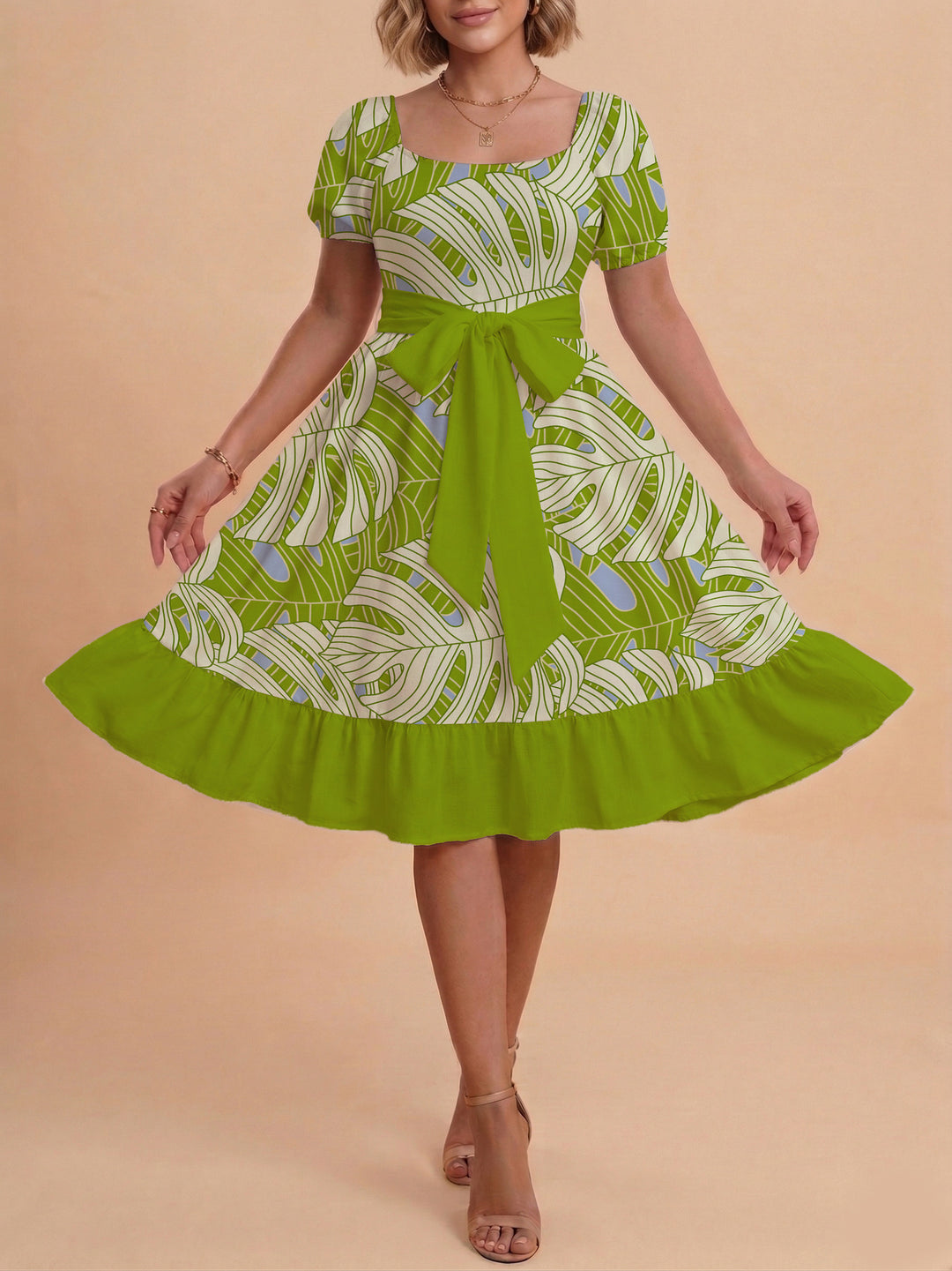 Women A-line dress with floral motifs and adjustable belt Lune London