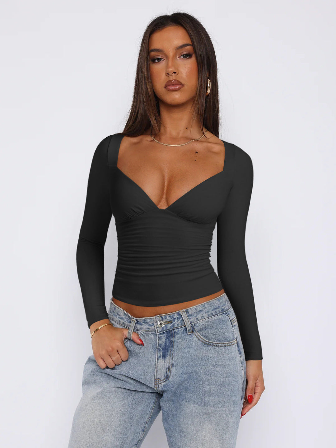 Women's Fitted Long-Sleeve Top with V-Neck and Ruching Lune London