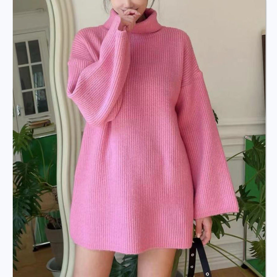 Ladies Long Knit Sweater with High Collar and Flared Sleeves Lune London