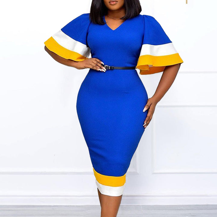 Ladies Elegant V Neck Dress with Contrasting Flutter Sleeves and Chic Waist Belt
