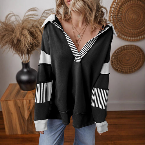 Comfortable sweater for women with a shirt collar and striped sleeves Lune London