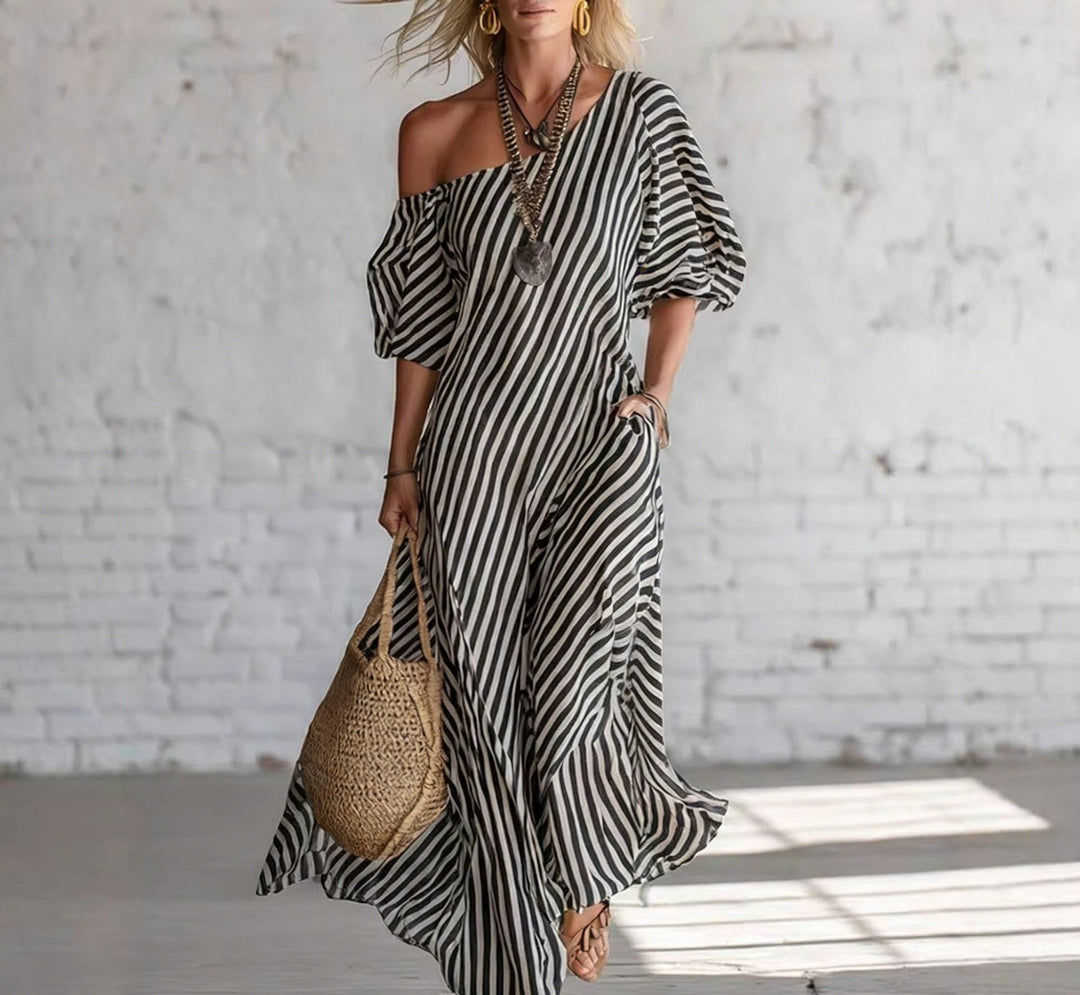 Women's maxi dress with asymmetric cut and striking stripes Lune London