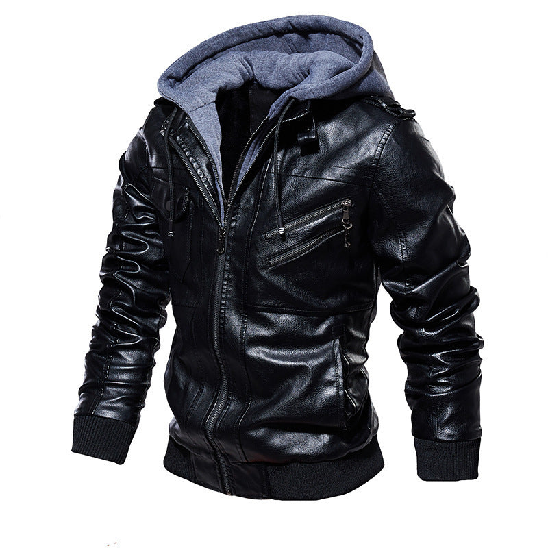 Casual synthetic leather jacket for men with removable hood and multiple pockets Lune London