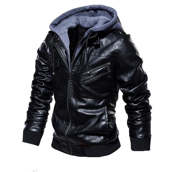 Casual synthetic leather jacket for men with removable hood and multiple pockets Lune London