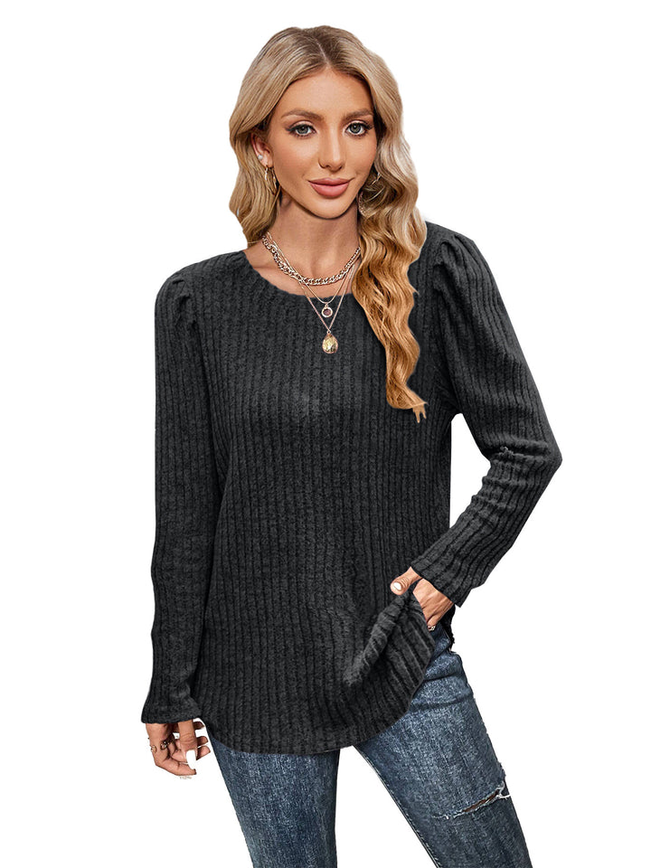 Knit sweater for women with puffed sleeves and fine rib pattern Lune London