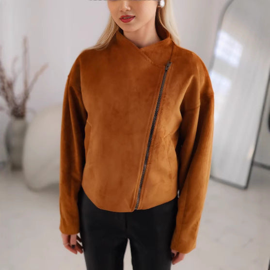 Trendy Brand Leather Jacket for Women with Open Collar and Practical Side Pockets Lune London