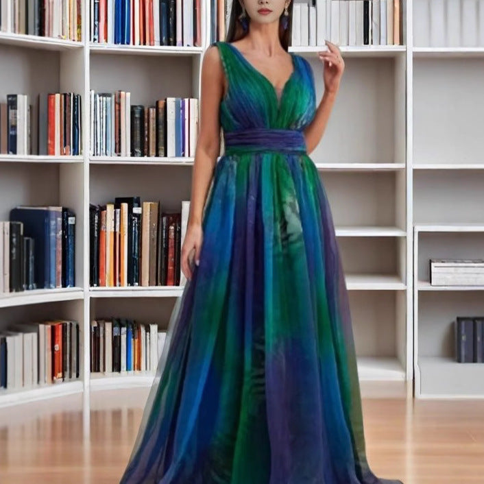 Women's Elegant Evening Dress with Shimmering Tulle Layers and Deep V-Neck