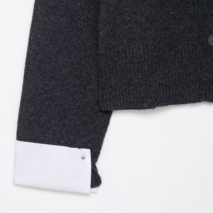 Trendy women's knitted jacket with contrasting sleeves and a continuous button placket Lune London