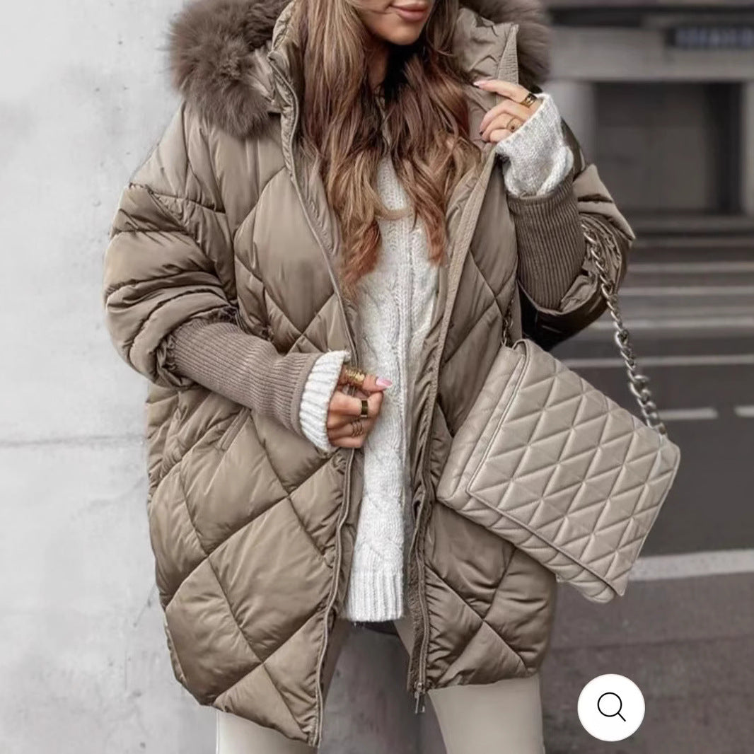 Ladies oversized quilted jacket with removable faux fur collar Lune London