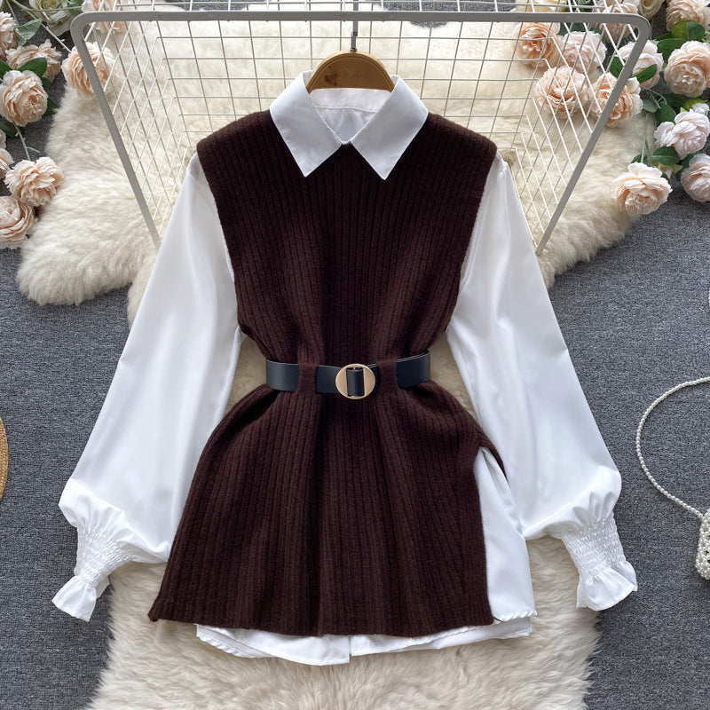 Fashion knitted cardigan for women with an elegant shirt underneath Lune London