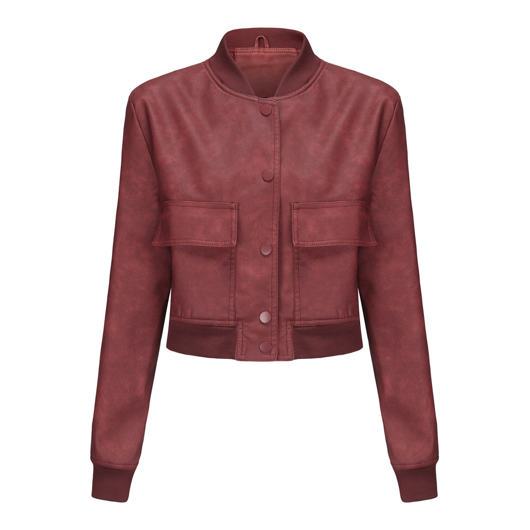Faux leather bomber jacket for women with practical pockets and elastic cuffs Lune London