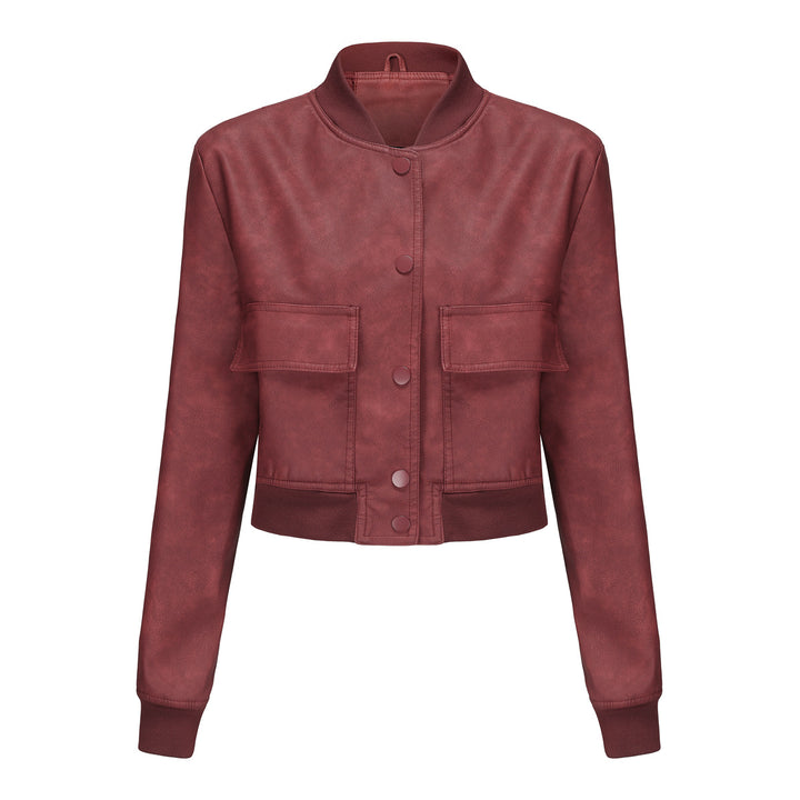 Faux leather bomber jacket for women with practical pockets and elastic cuffs Lune London