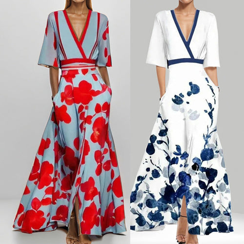 Chic und Stil | Elegant V-Neck Printed Waist Dress with Peplum
