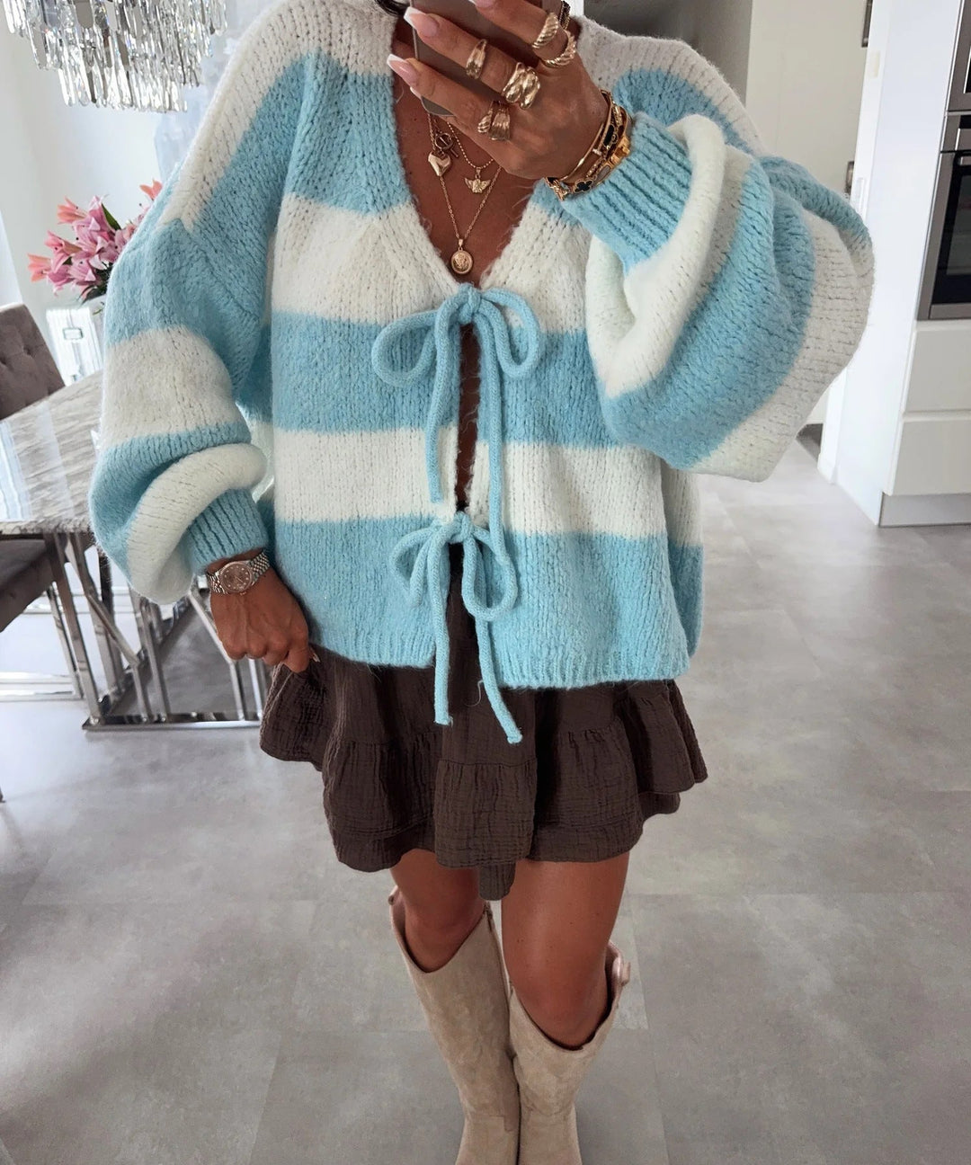 Lune London | Women's loose cardigan with wide stripes and tie belt