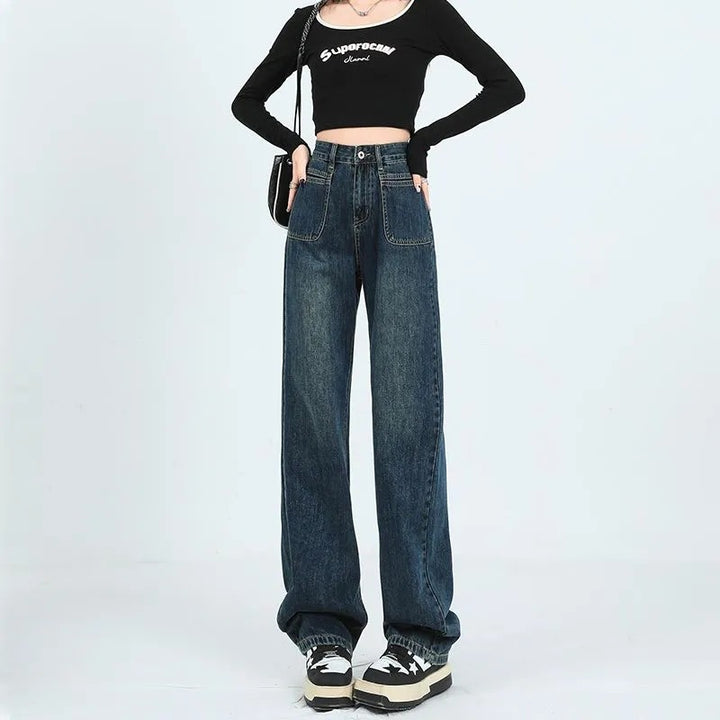 Pantalons en denim à coupe large pour femme avec poches hautes Chic & Stil
