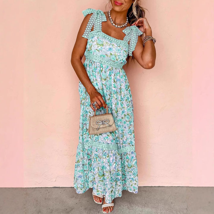 Maxi dress for women with floral patterns and playful lace insert Lune London