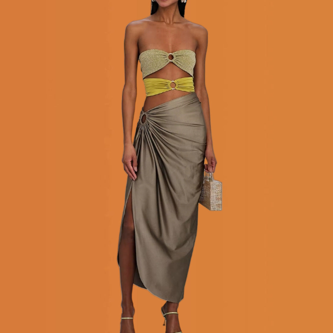 Lune London women's wrap skirt with slit and decorative rings