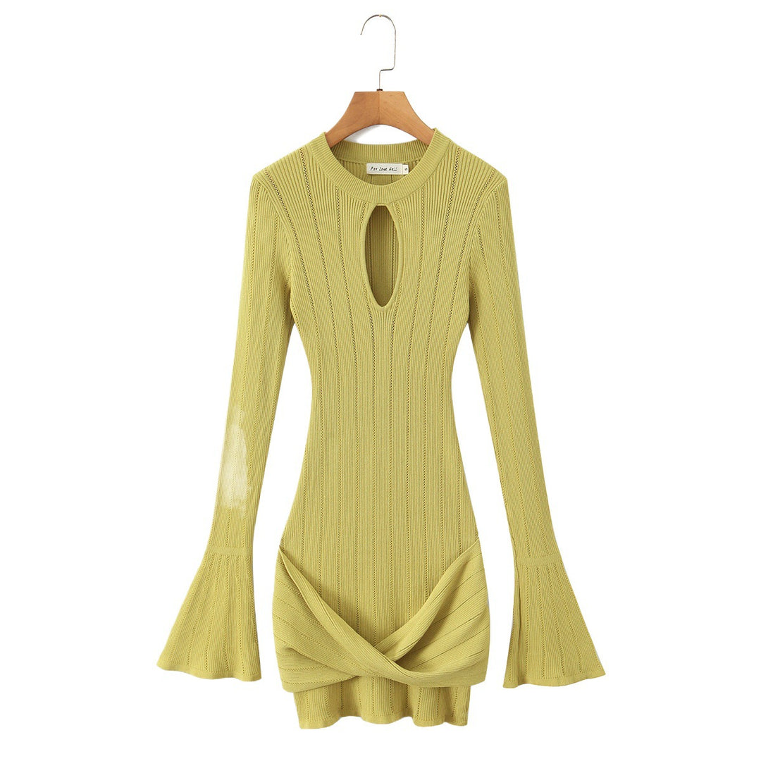 Fitted knitted dress for ladies with an original neckline and a chic ruffle.