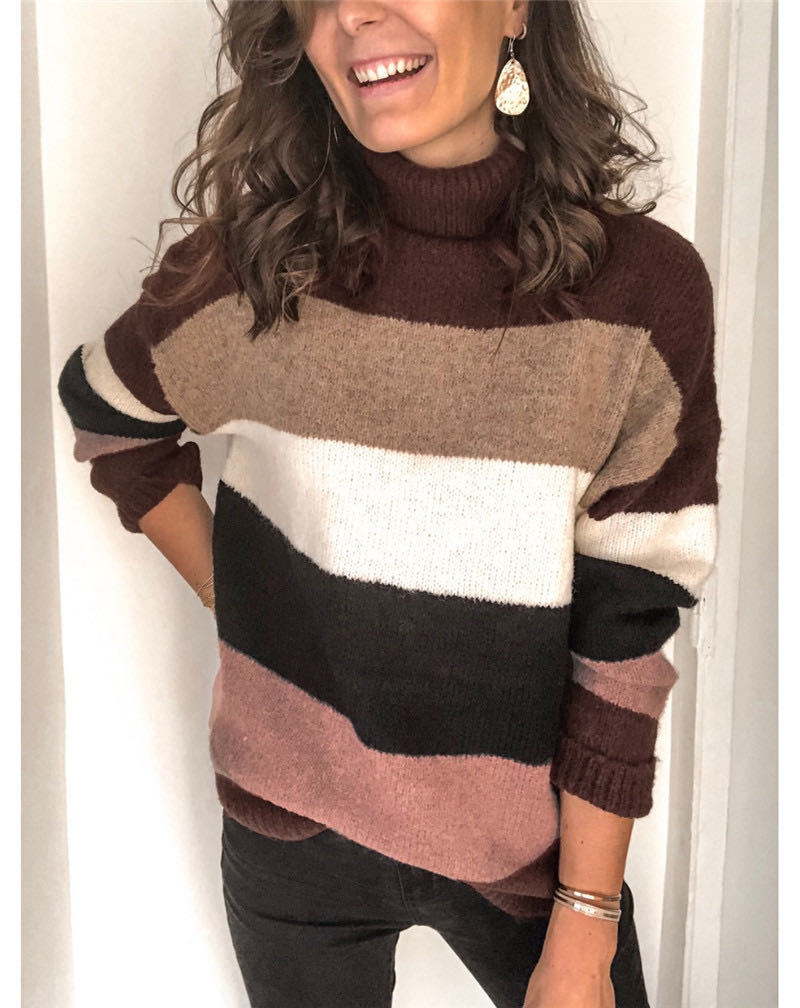Stylish knitted sweater for women with a relaxed roll neck and chic color block design