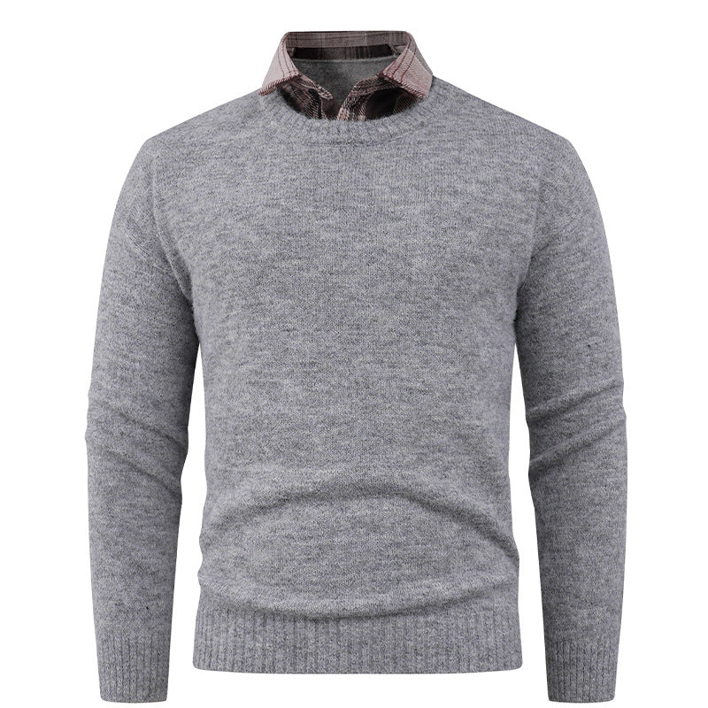 Men's Fine Crew Neck Sweater with Integrated Shirt Collar Lune London