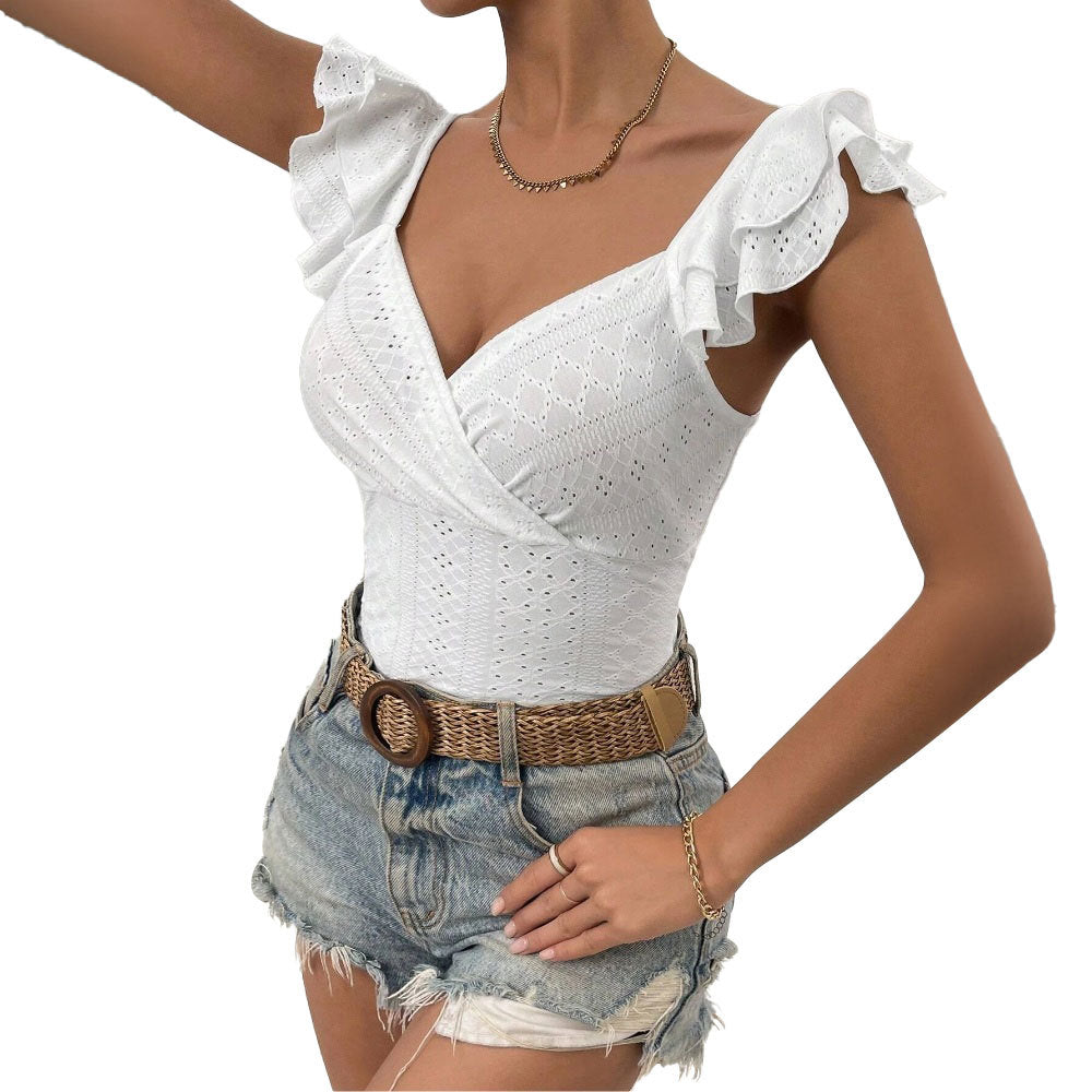 Women's blouse body with ruffle details and deep V-neck Chic & Stil