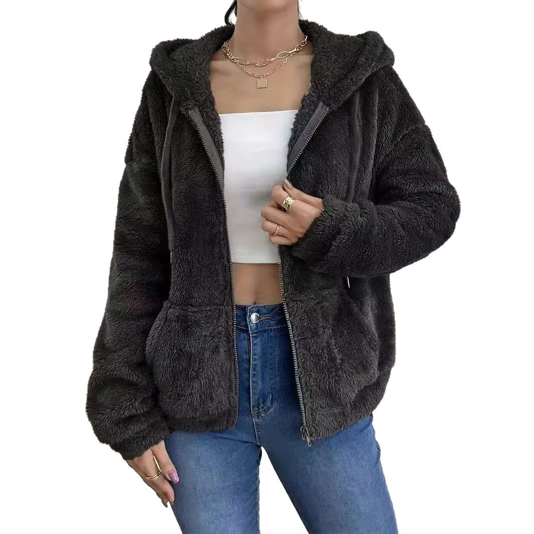 Ladies Cozy Fleece Jacket with Hood and Side Pockets Lune London