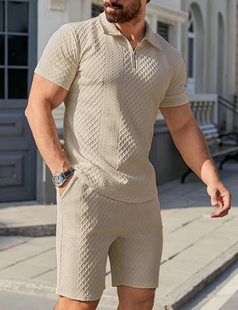 Trendy short polo shirt for men with imbued structure design and matching shorts Lune London