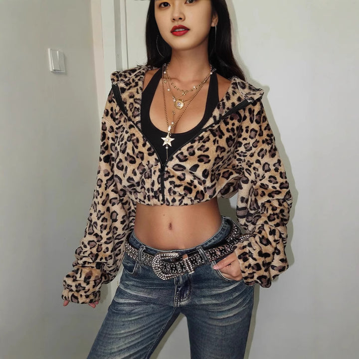 Women Short Hoodie with Leopard Print Lune London