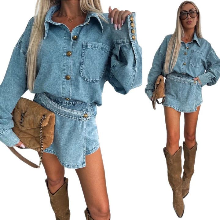Chemise en denim tendance pour femmes avec détails de boutons et manches retroussées Chic & Stil