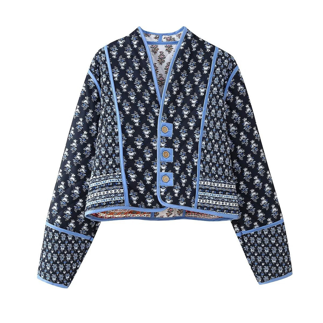 Fashionable women's cropped jacket with a floral design and elegant button details Lune London
