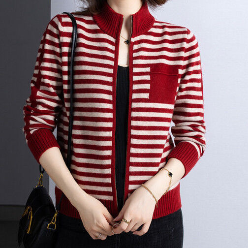 Knitted jacket for women with high collar and zipper Lune London