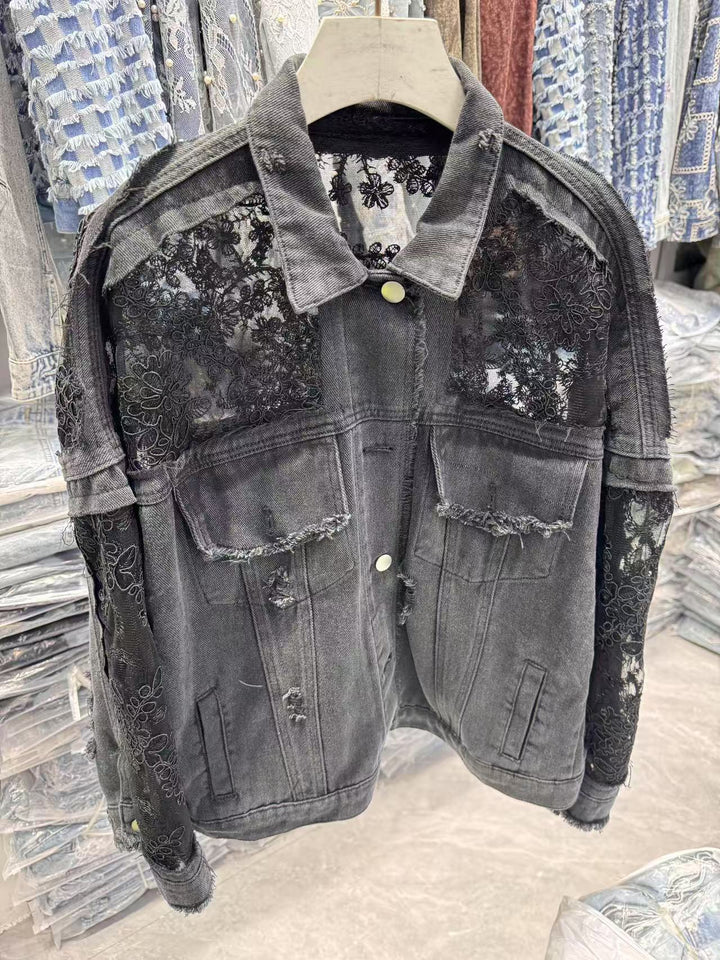 Veste en denim pour femme avec décoration en dentelle transparente Chic & Stil