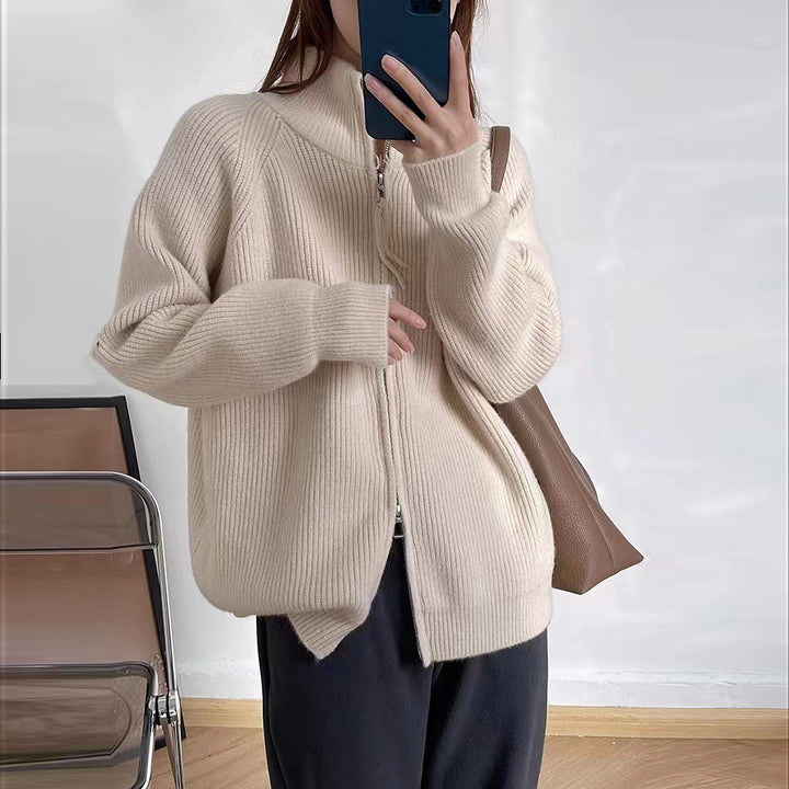 Knitted jacket for women with high collar embellishment and zipper Lune London