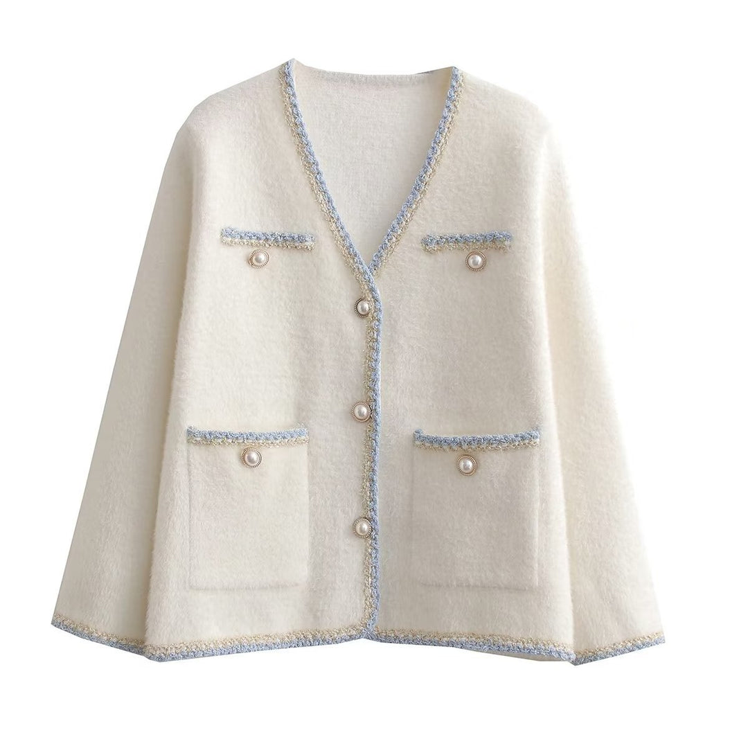 Elegant knitted cardigan for women with decorative pearl buttons and practical pockets Lune London