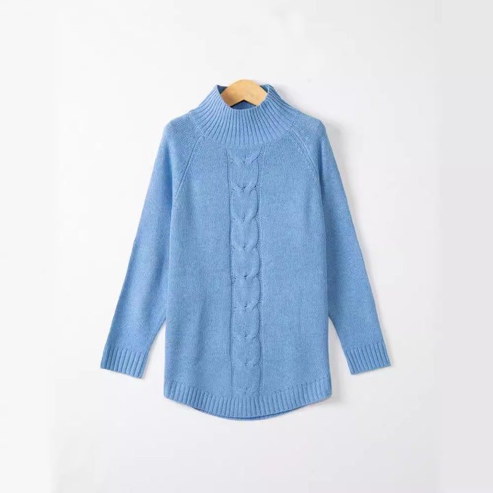 Chunky knit sweater for women with a high collar and cable patterns Lune London