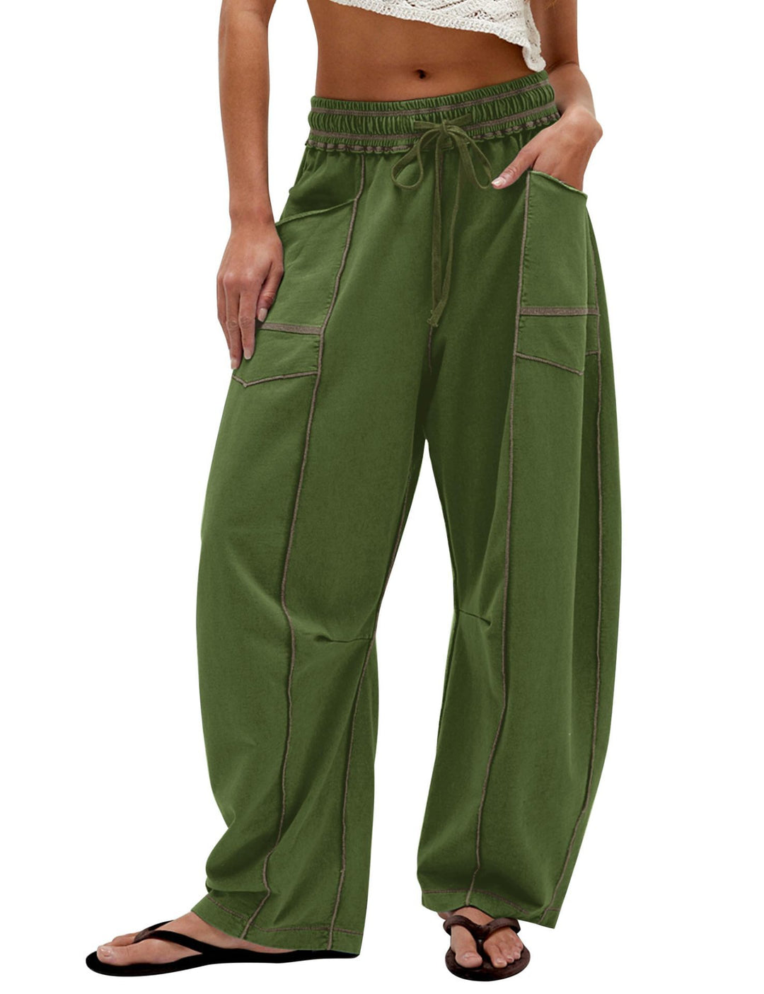 Ladies Comfortable Wide Pants with Practical Pockets and Elastic Belt Lune London