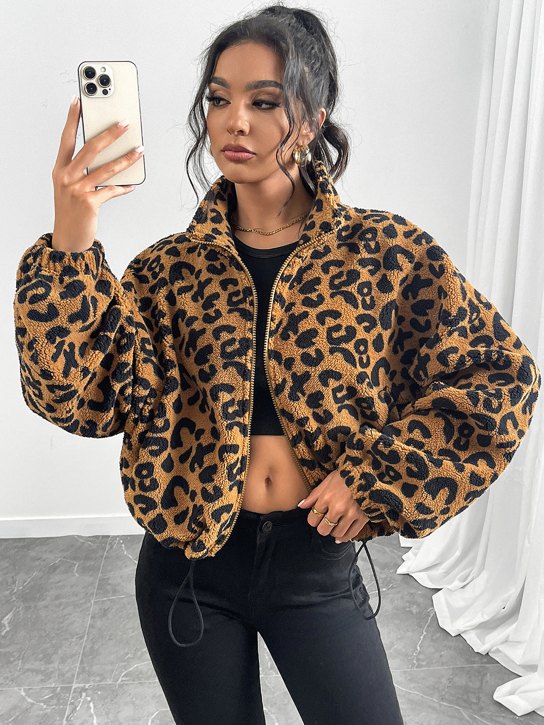 Ladies Short Plush Leopard Print Jacket with High Collar Lune London