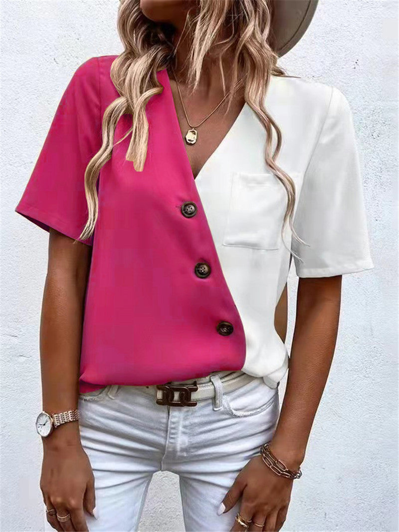 Short-sleeve women's blouse with asymmetrical cut and button details Lune London